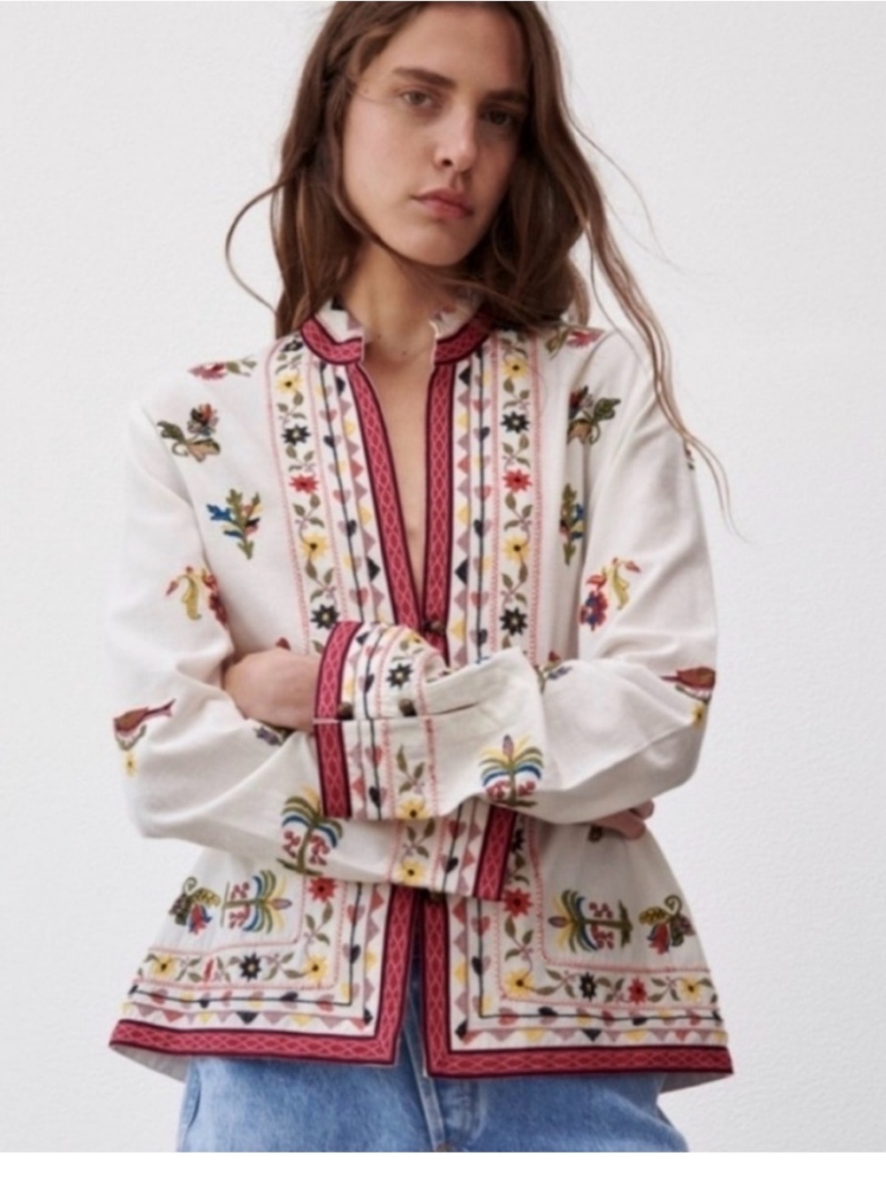 🌿 Zara Linen Blend Embroidered Jacket | Boho Floral | Women’s XS